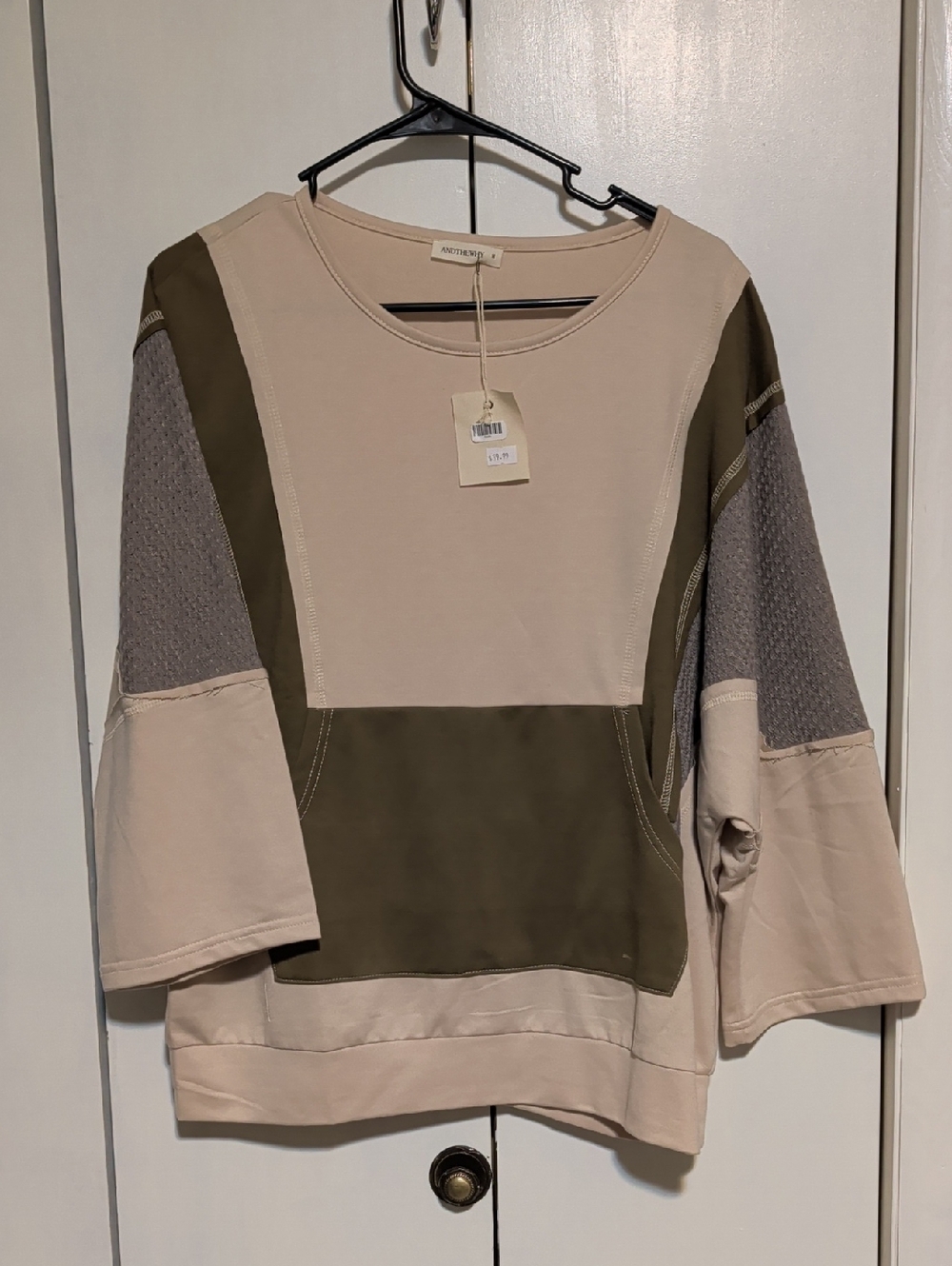 Neutral Beige & Olive Panel Women's Blouse - Stylish Mixed-Media Top